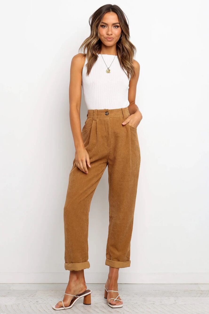 Petal + Pup 8 Brown Tan Corduroy High Rise Relaxed Fit Cuffed Pants Pockets